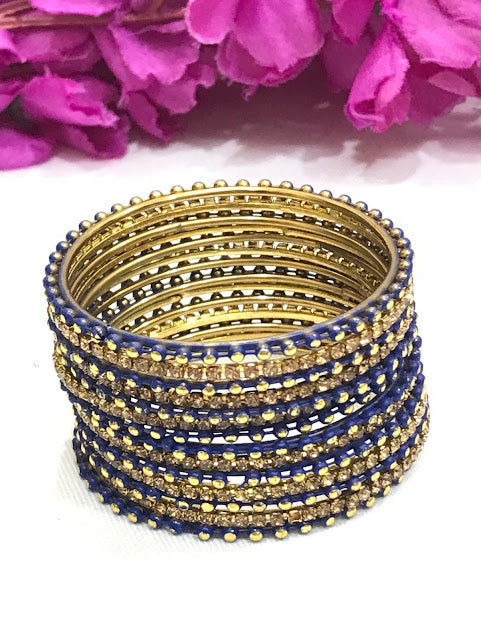 Lovely Blue Color Metal Bangles With Golden Stone For Girls