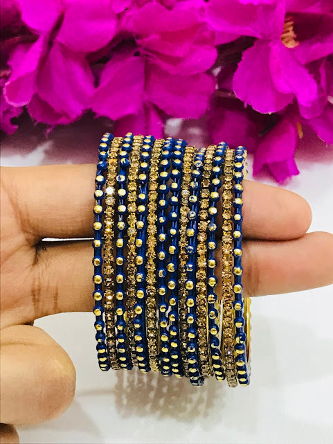Lovely Blue Color Metal Bangles With Golden Stone Near Me
