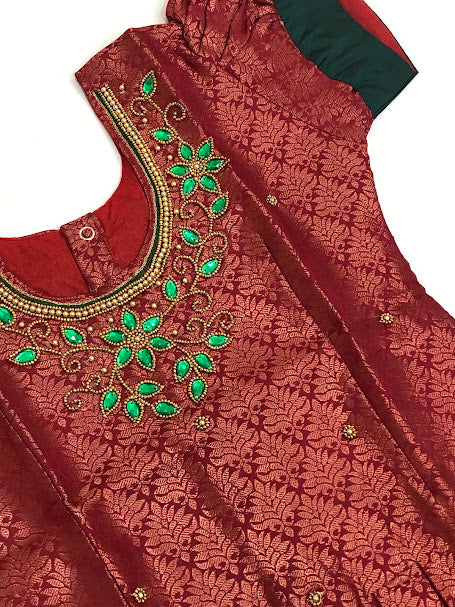 Pleasing Maroon And Pink Color Silk Langa Set With Stone And Zari Work In Happy Jack