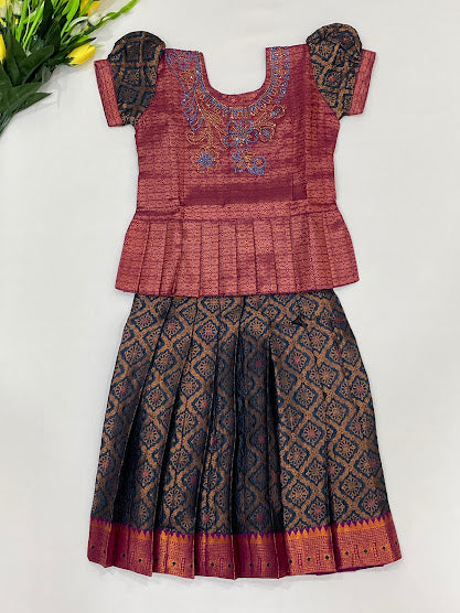 Attractive Dark Purple And Green Color Art Silk Langa Sets With Belt For Girls Near Me