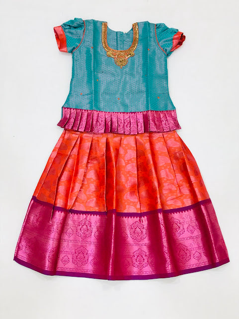 Gorgeous Teal Blue Colored Embroidery Work Silk Langa Sets For Girls