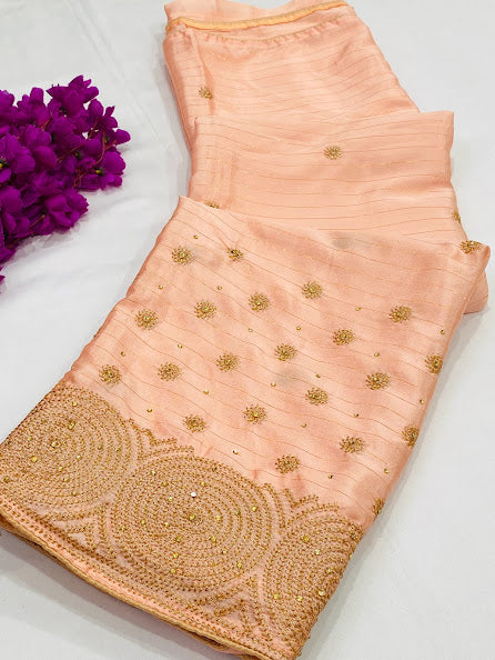 Appealing Pink Color Georgette Designer Saree With Exquisite Embroidery Work Near Me