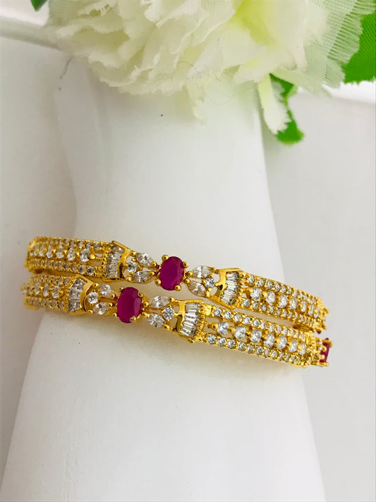 Modern Gold Plated Antique Bangles With Ruby And White Stones