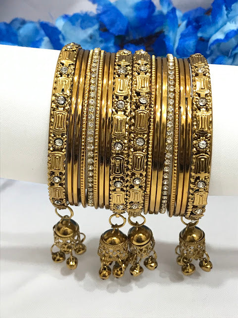 Pleasing Gold Color Jhumka With Beads Design Metal Bangles For