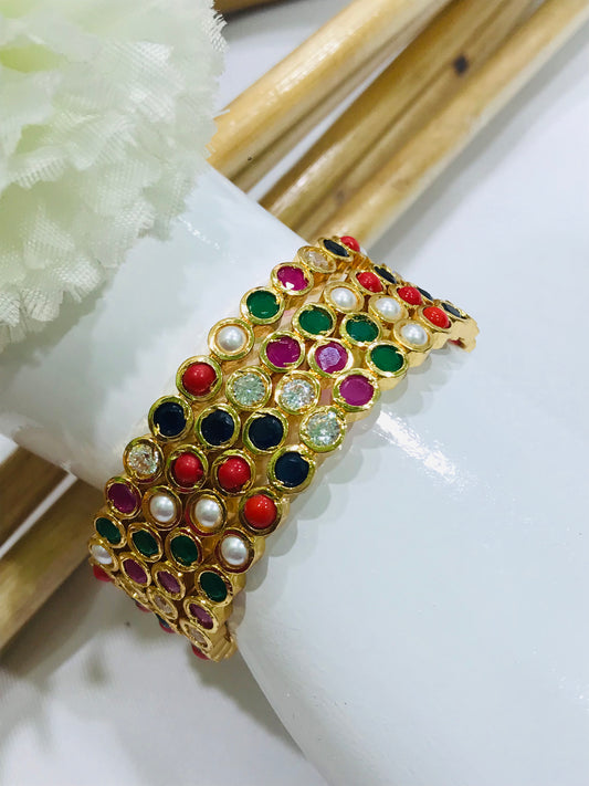 High Quality Gold Plated Antique Bangles With Multicolor Stones