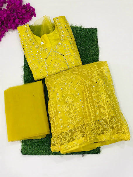 Dazzling Yellow Color Designer Net Lehenga Choli Set With Dupatta For Girls In Mesa