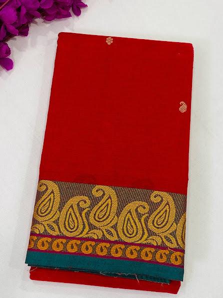 Mesmerizing Red Color Pure Cotton Butta Saree With Mango Border Near Me