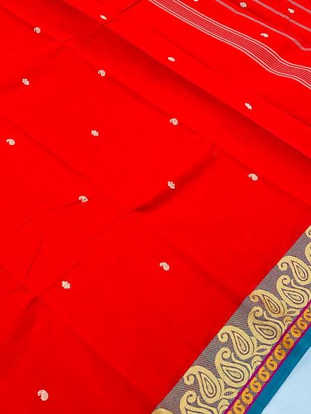 Mesmerizing Red Color Pure Cotton Butta Saree With Mango Border Near Me