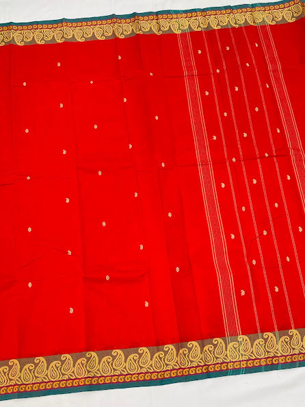Mesmerizing Red Color Pure Cotton Butta Saree With Mango Border In Tucson