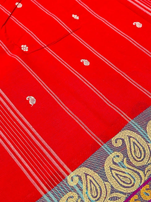 Mesmerizing Red Color Pure Cotton Butta Saree With Mango Border In USA