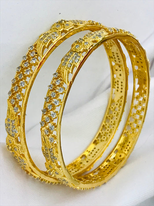 Dazzling Gold Plated Antique Bangles With White Stones