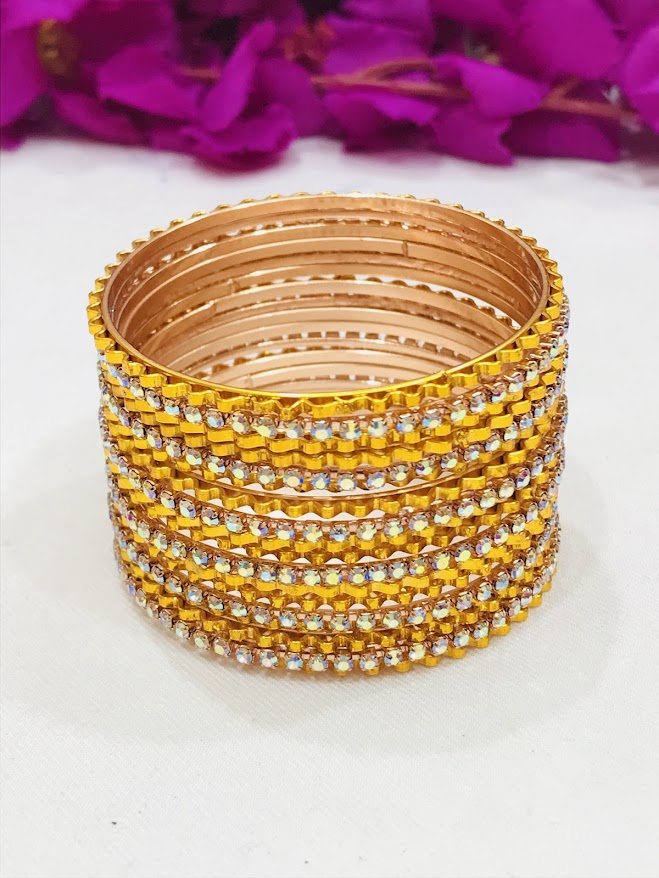 Appealing Yellow Colored Designer Bangles With White Stones