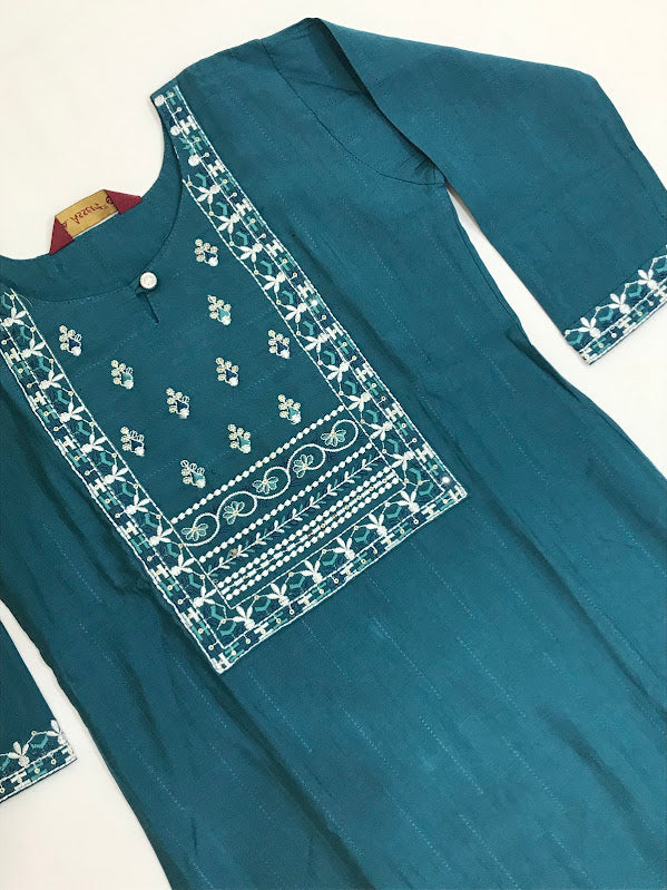 Teal Blue Color Cotton With Embroidery Work Kurti In Yuma