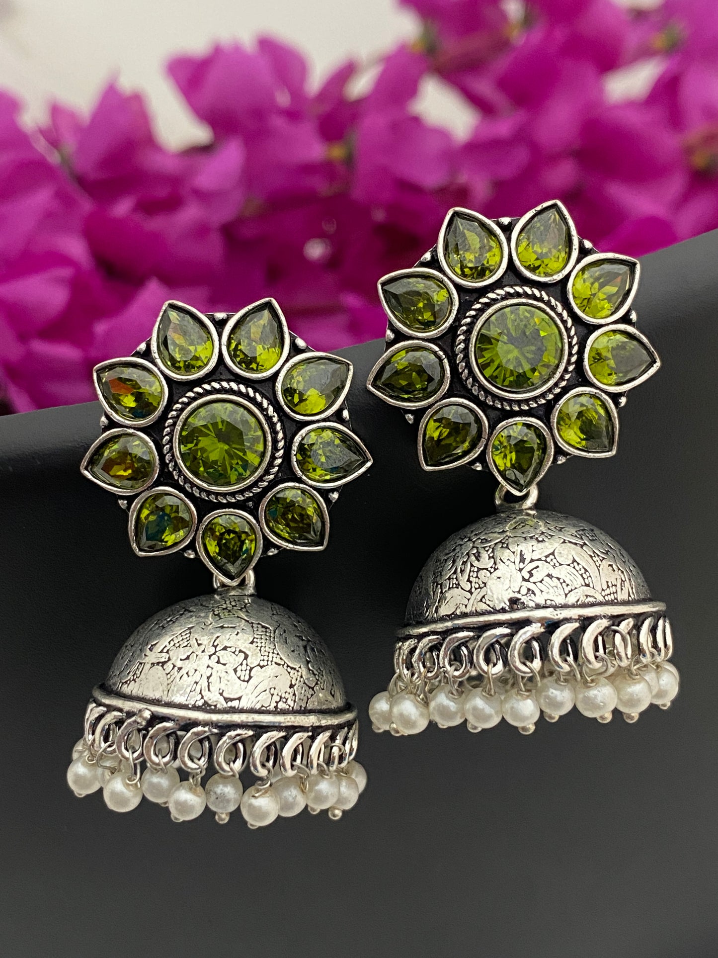 Appealing Green Color Floral Designer Oxidized Earrings For Women Near Me
