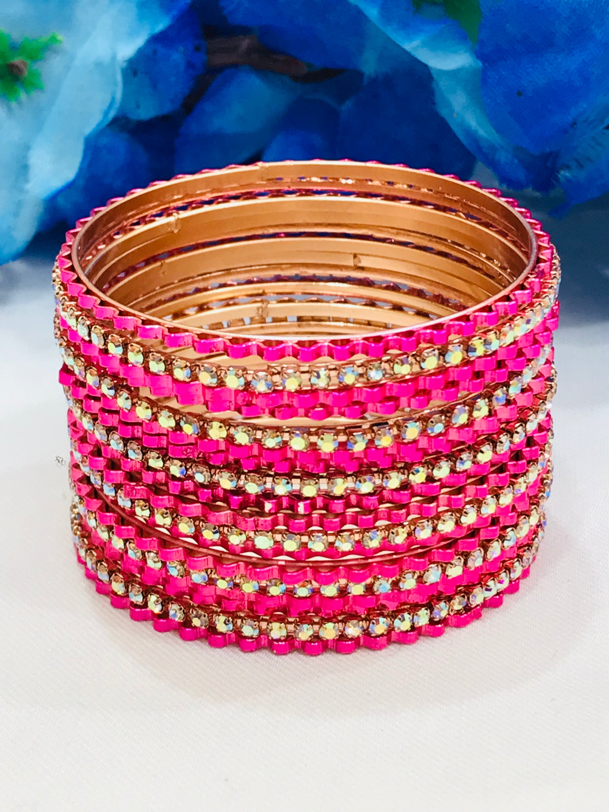 Pretty Pink Color Metal Bangles Set With Stones For Girls