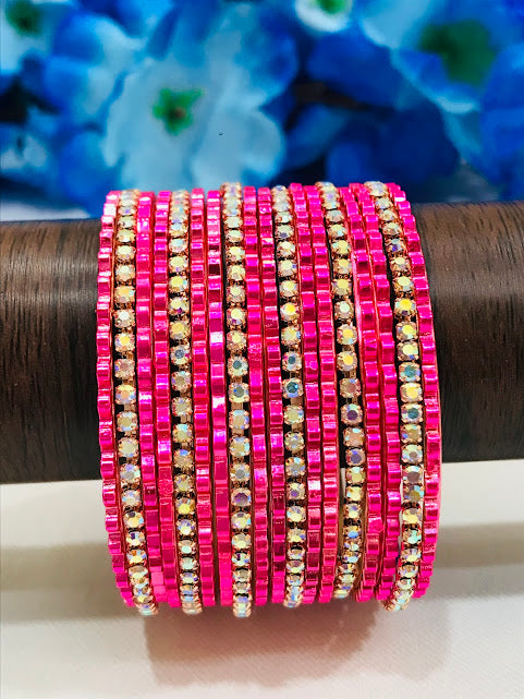 Pretty Pink Color Metal Bangles Set With Stones For Girls In Chandler