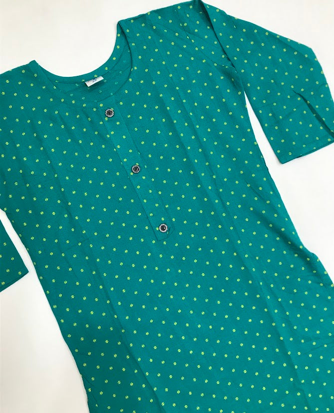 Green Color Rayon With Printed Work Kurti For Girls In Mesa