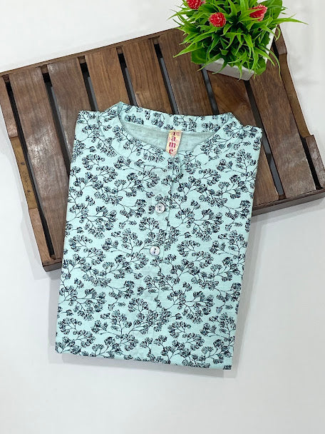 Exquisite Light Blue Cotton Kurti With Printed Work For Girls
