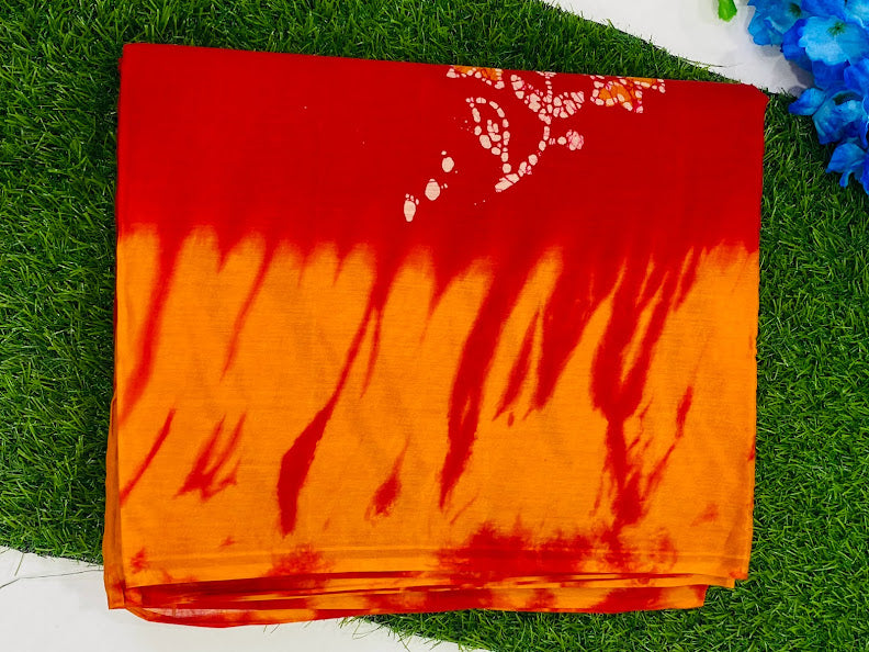 Alluring Red Color Hand Weaving Batik Printed Traditional Cotton Saree Near Me