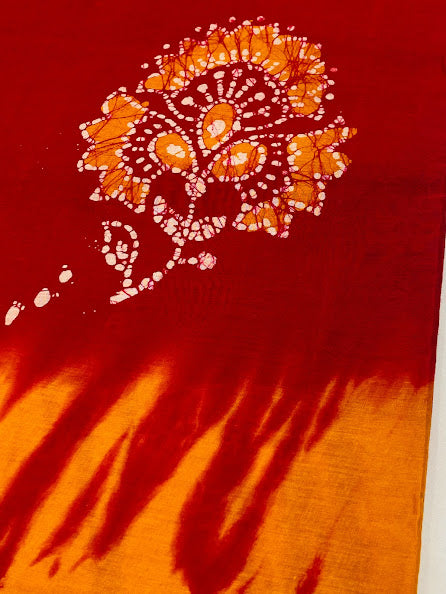 Alluring Red Color Hand Weaving Batik Printed Traditional Cotton Saree In USA