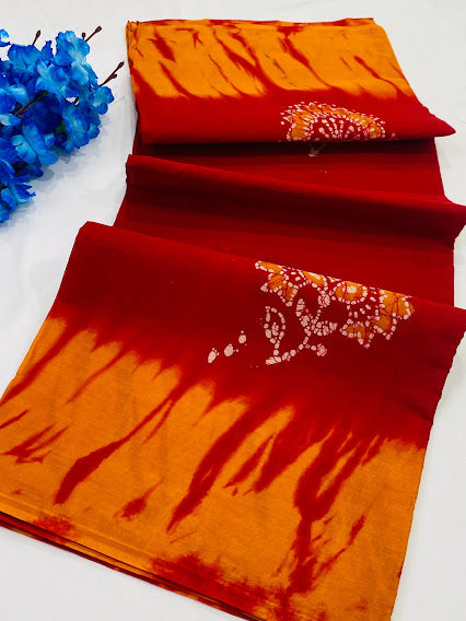 Alluring Red Color Hand Weaving Batik Printed Traditional Cotton Saree In USA