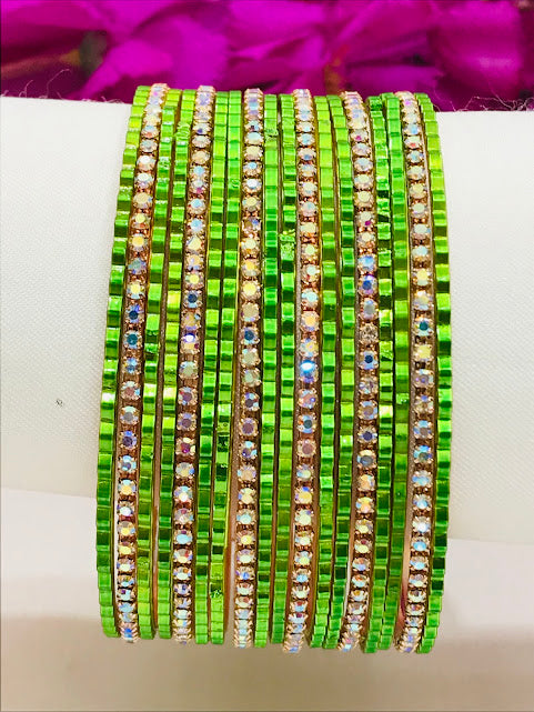 Dazzling Green Colored Metal Bangles With Stones Near Me
