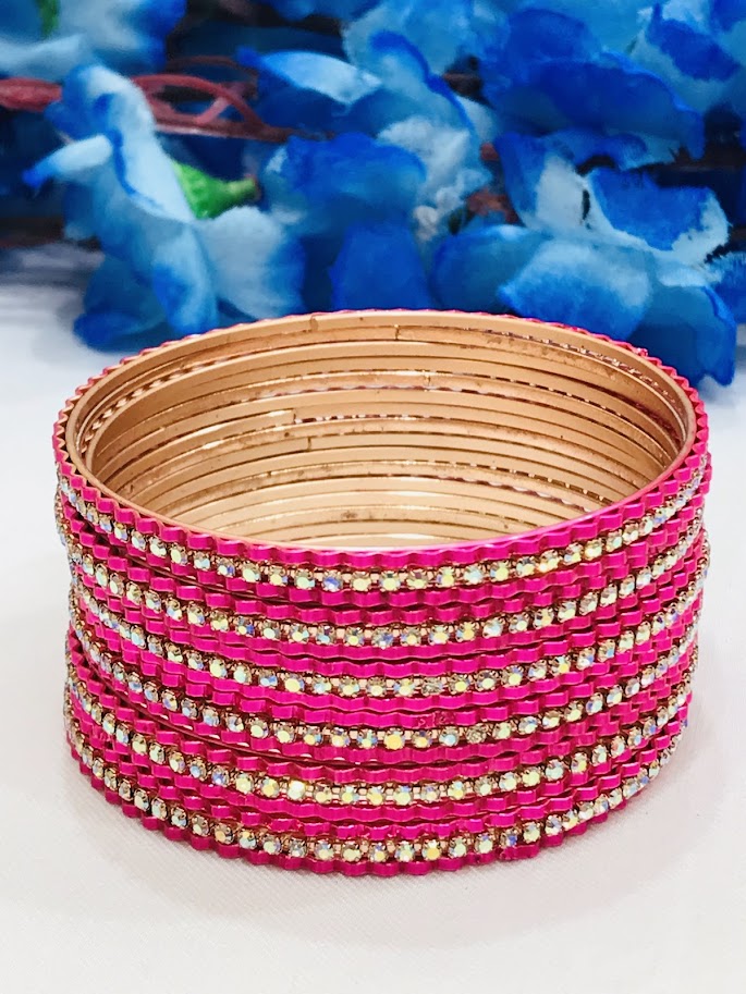Amazing Pink With White Color Stone Work Metal Bangles For Women