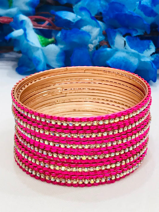 Amazing Pink With White Color Stone Work Metal Bangles For Women