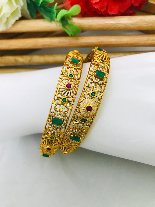 Gold Plated Bangles Set With Emerald And Ruby Natural Stones