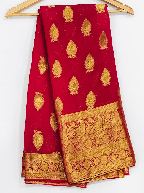 Beautiful Red Color Georgette Designer Saree With Rich Pallu In Chandler