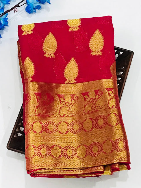 Beautiful Red Color Georgette Designer Saree With Butta Motifs Near Me