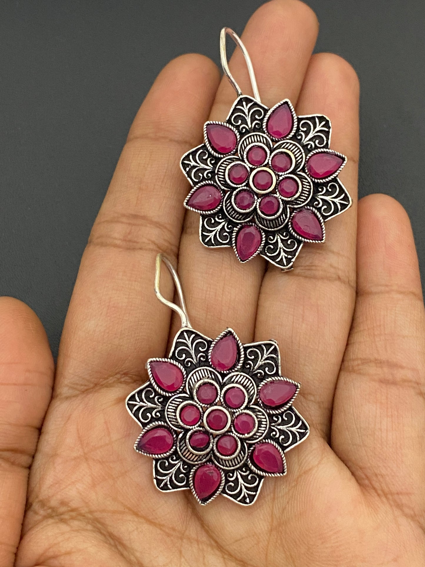 Appealing Pink Color Rounded Floral Designer Oxidized Earrings For Women Near Me
