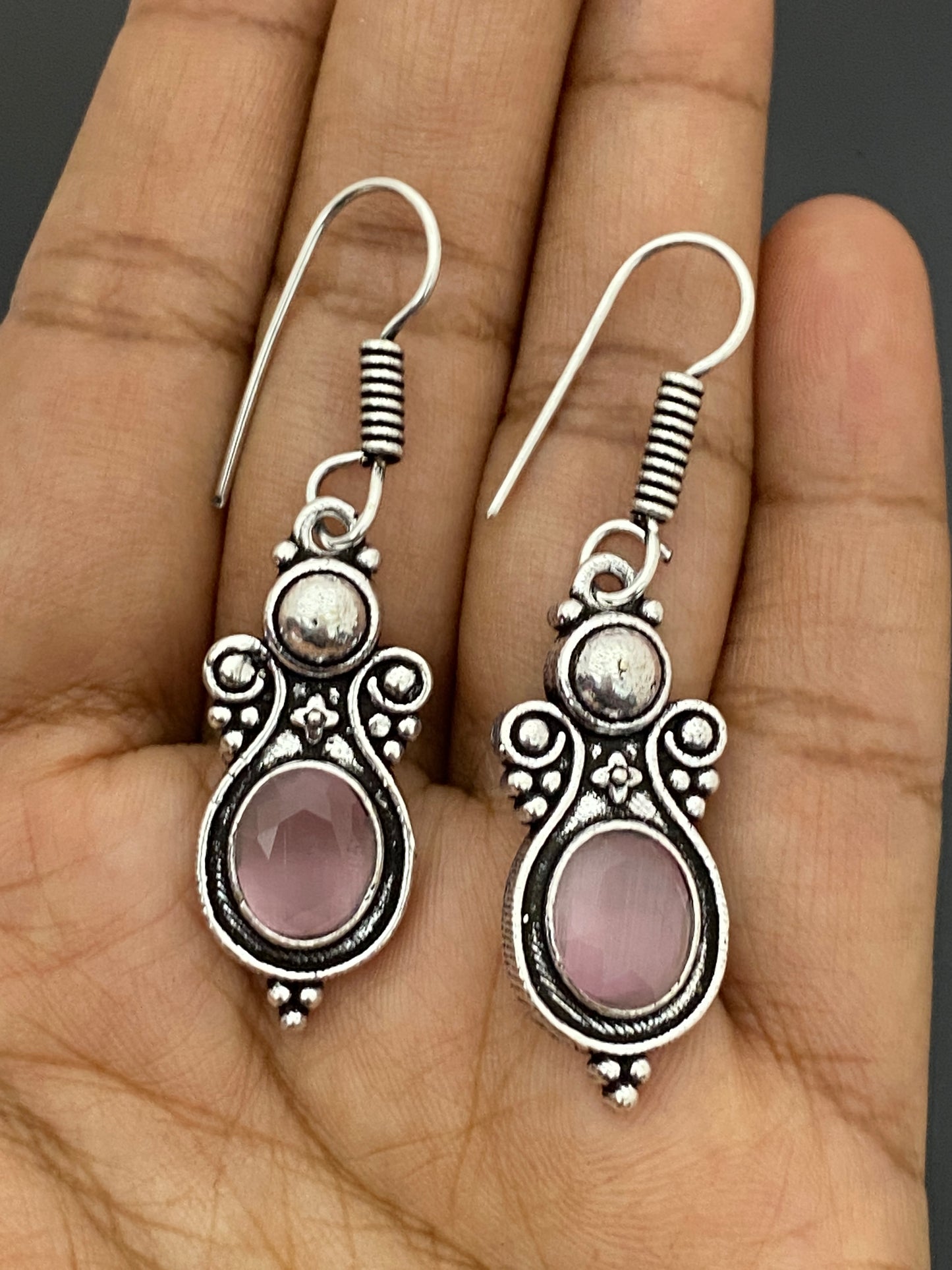 Light Pink Stone Beaded Round Shaped German Silver Plated Oxidized Earrings Near Me