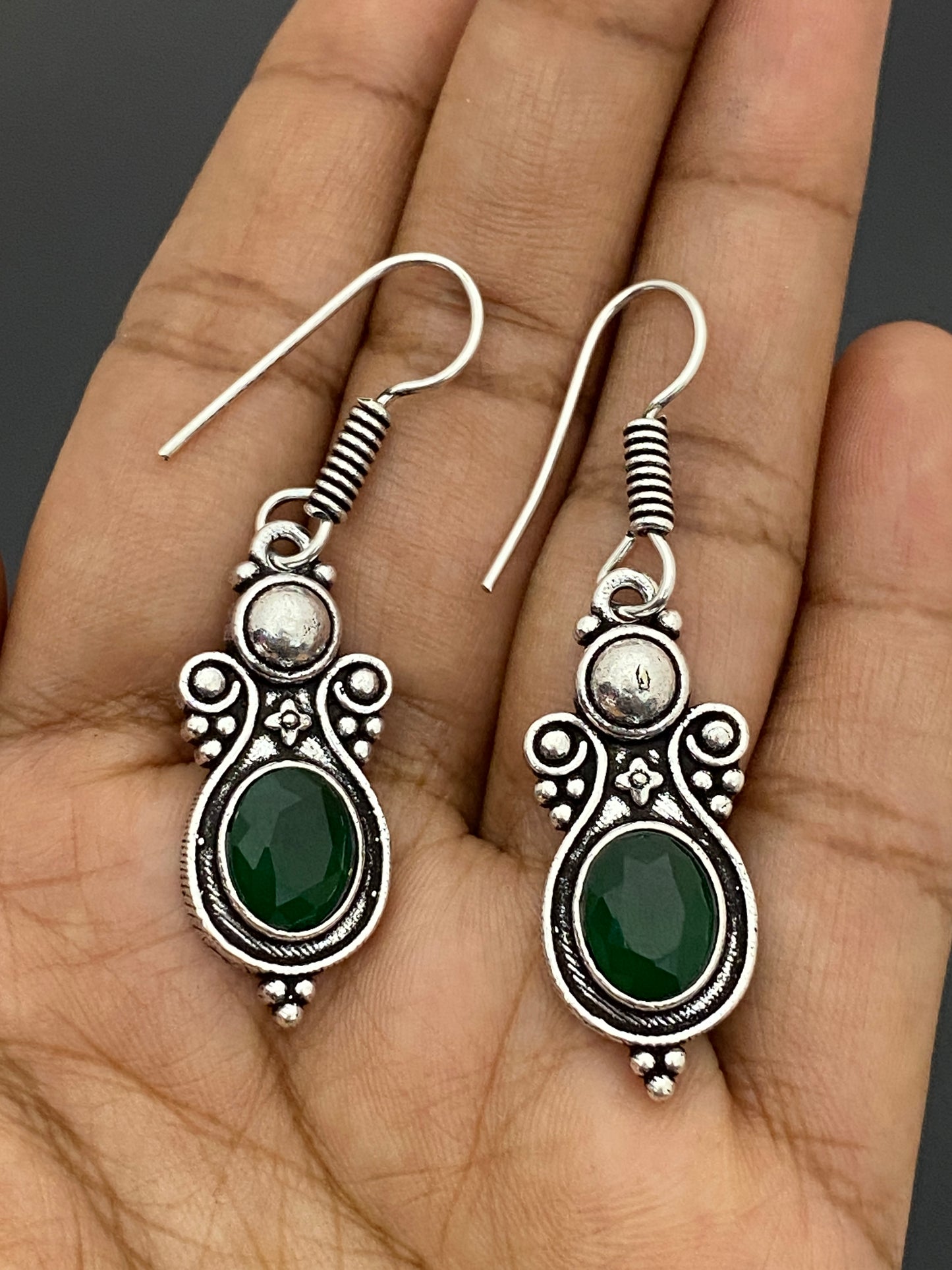Emerald Stone Studded Silver Toned Oxidized Hook Earrings Near Me