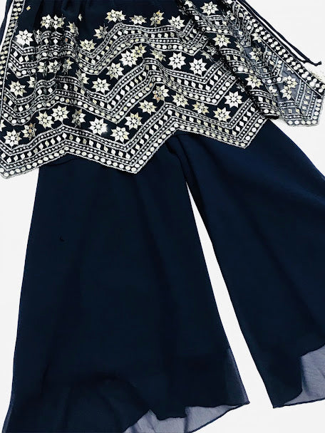 Dazzling Dark Blue Colored Embroidery Work Palazzo Suits For Girls In Surprise