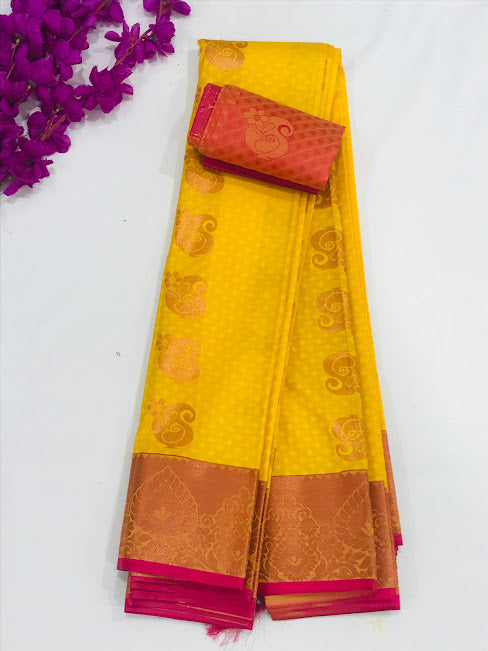 Alluring Yellow Color Art Silk Saree With Mango Motifs And Contrast Rich Pallu