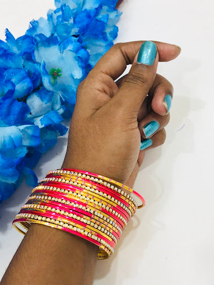 Splendiferous Pink Colored White Stone Design Metal Bangle Set In USA