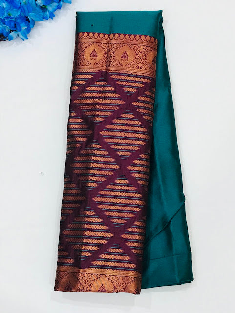 Alluring Teal Green Colored Soft Silk Saree With Fancy Pallu For Women