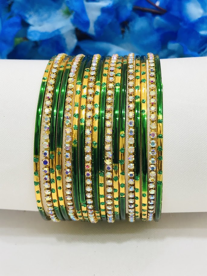 Green Color Stone Design Metal Bangles Near Me
