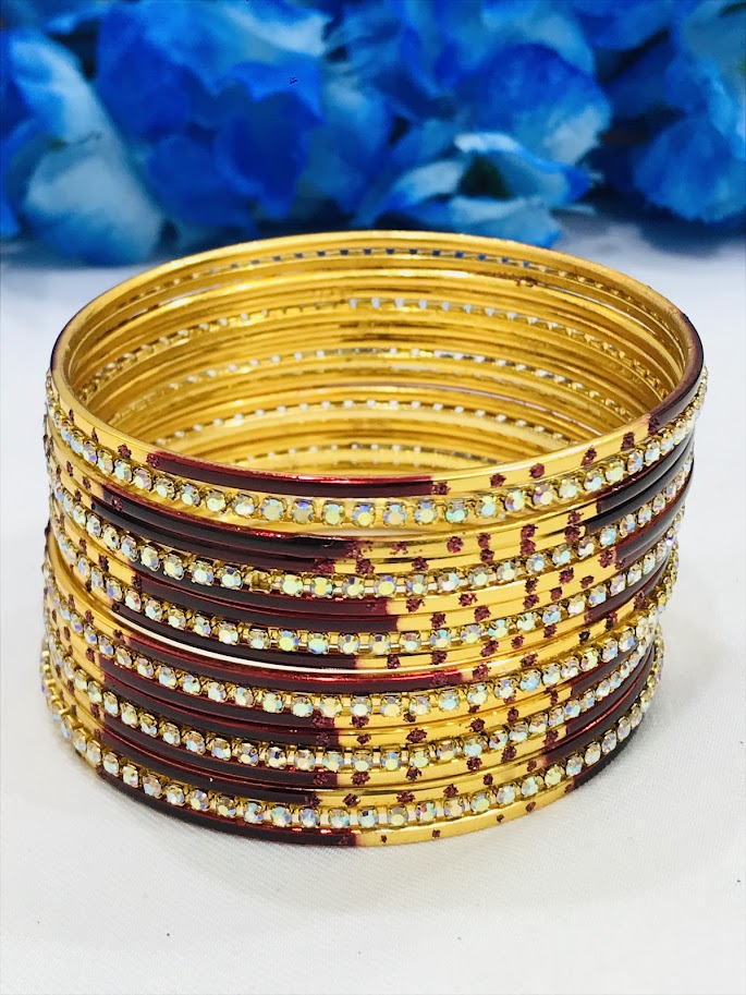 Charming Maroon Color Stone Worked Metal Bangles For Women