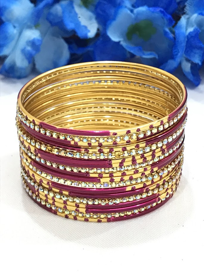 Stunning Rani Pink Color Stone Worked Metal Bangles For Women