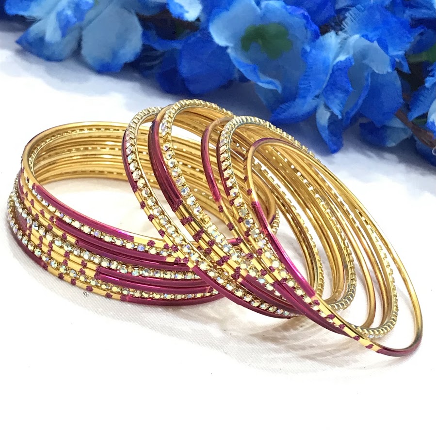 Stunning Rani Pink Color Stone Worked Metal Bangles For Women