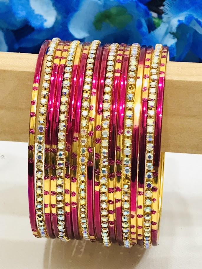 Stunning Rani Pink Color Stone Worked Metal Bangles For Women