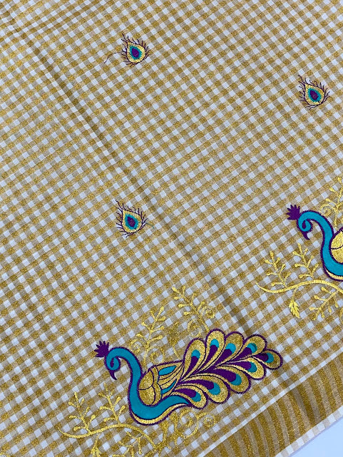 Kerala Cotton Peacock Embroidery Saree With Copper Zari Border In Tempe