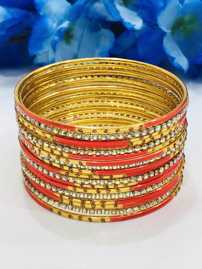 Beautiful Orange Color Party Wear Metal Bangles For Women
