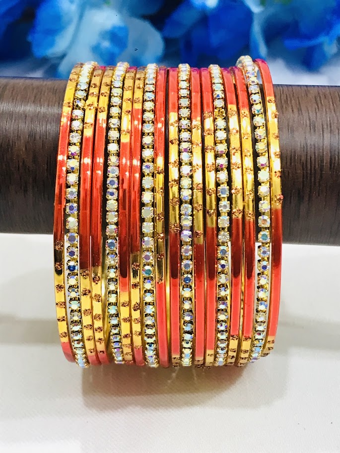 Beautiful Orange Color Party Wear Metal Bangles For Women