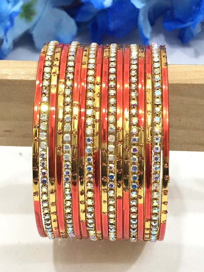 Beautiful Orange Color Party Wear Metal Bangles For Women