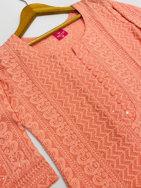 Peach Color Soft Cotton With Chikankari Work Kurti In Yuma