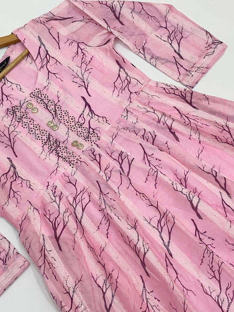 Pink Tissue Silk Stone Work Girls Kurti In Mesa
