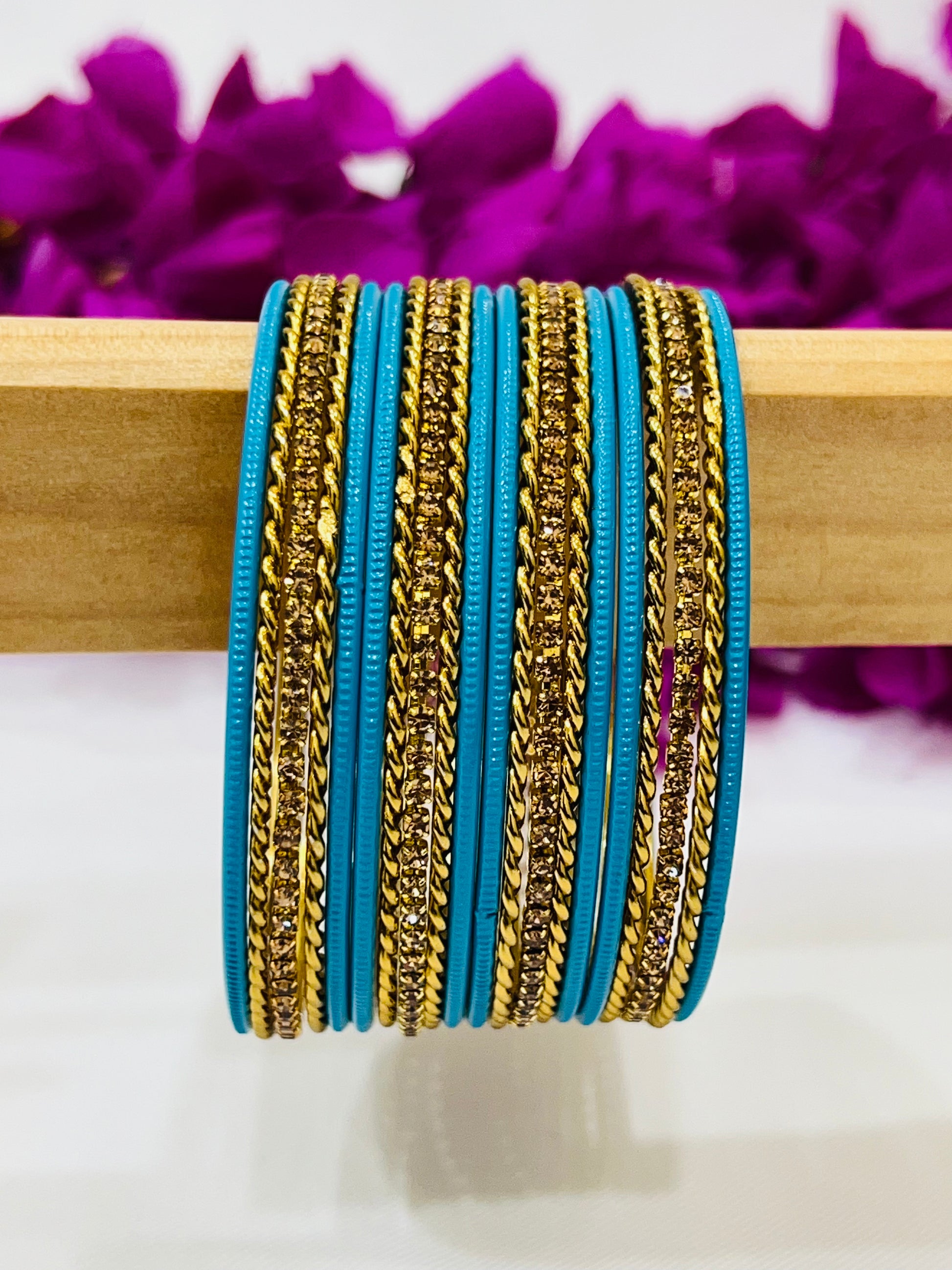 Lovely Sky Blue Color Metal Bangles With Gold Spiral Design In Arizona